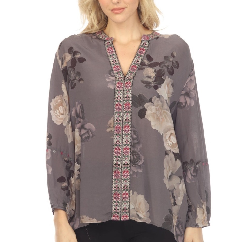 JOHNNY WAS Workshop Paris Grey Floral Silk Blouse Embroidered Trim V-Neck Tunic